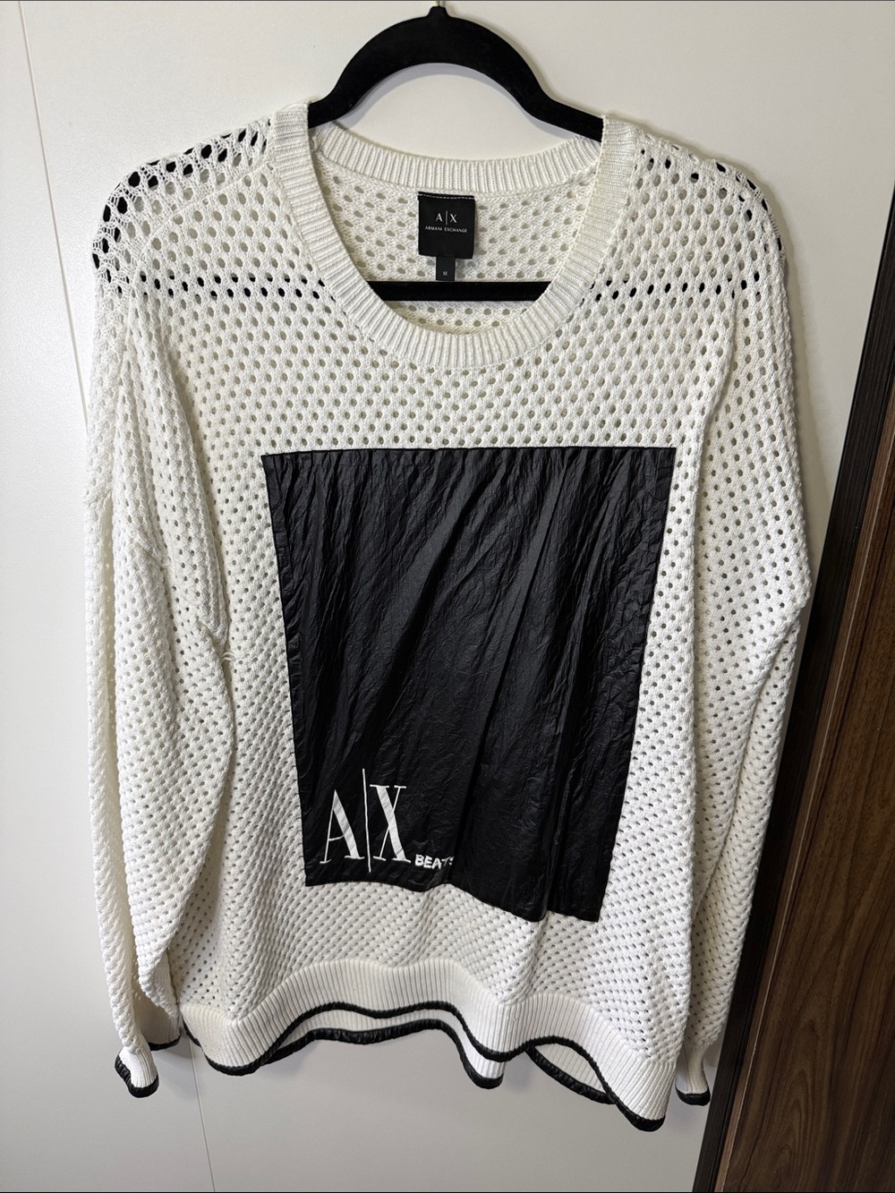 A/X Armani Exchange White Open-Weave Crewneck Sweater with Black Logo Panel